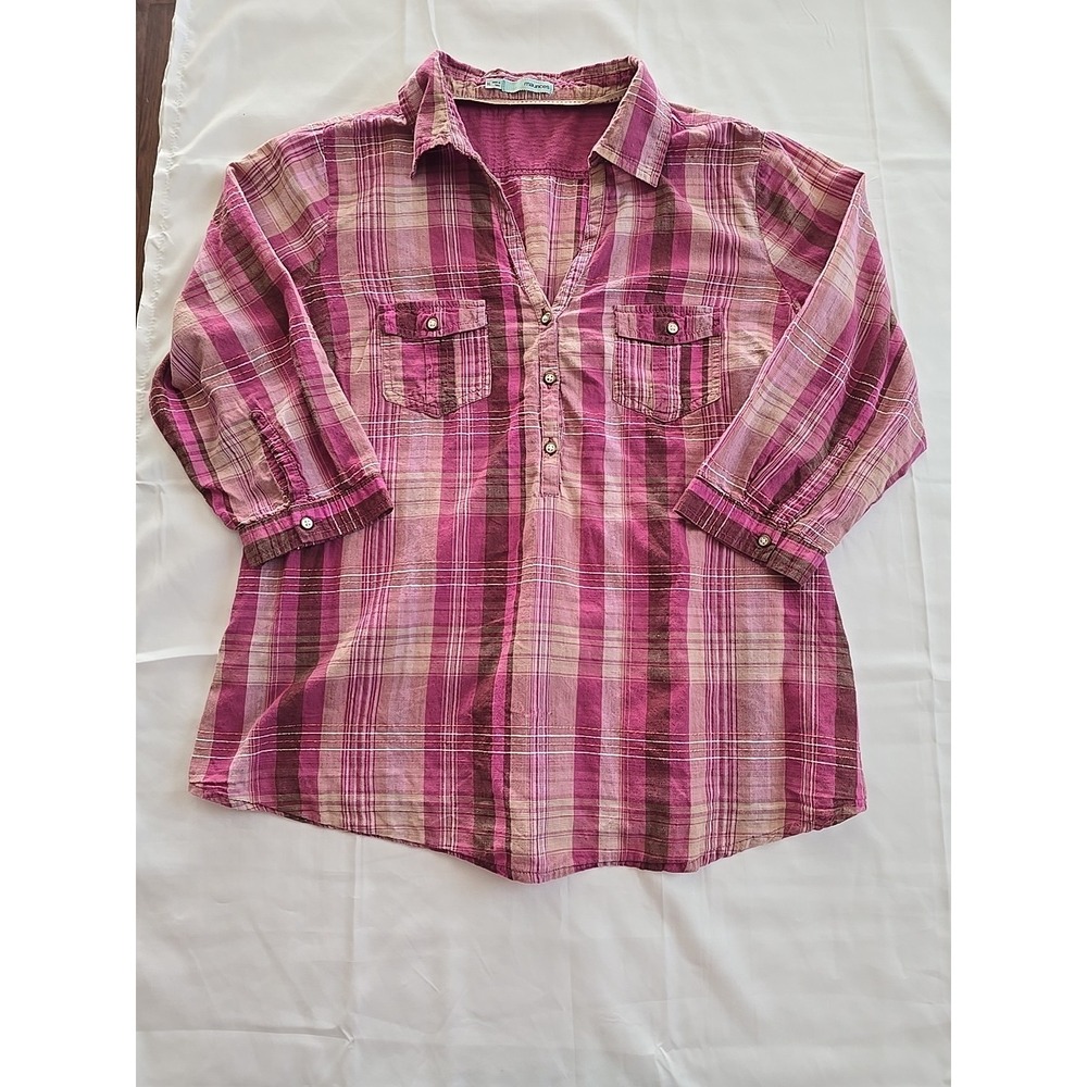 Maurices Womens XL Pink Plaid Mid Length Sleeve V Neck Top Shirt Business Casual